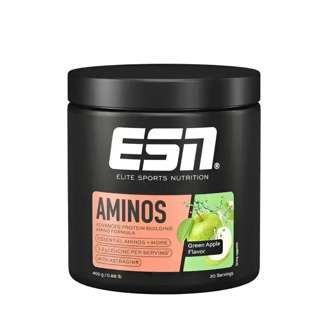 Schwarzer ESN Aminos 400g Behälter mit grünem Apfelgeschmack, essentielle Aminosäuren