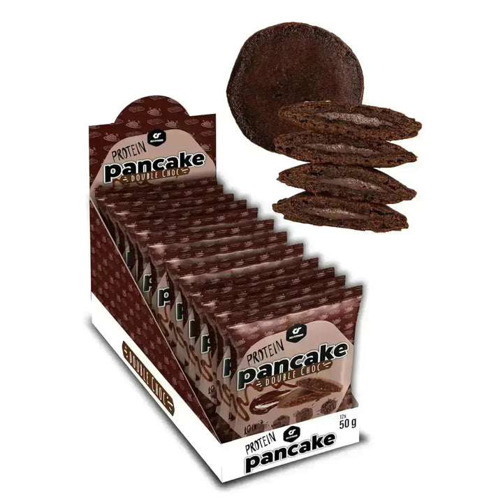 GoFitness Protein Pancake 12x50g Box mit einem schmackhaften Protein-Pfannkuchen-Display