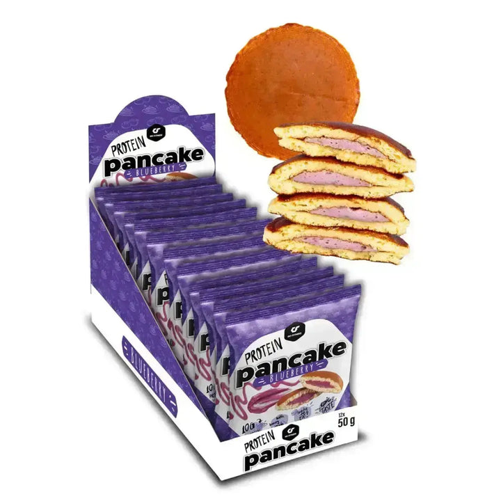 Protein Pancakes Box mit gestapelten GoFitness Protein Pancakes für gesunde Ernährung