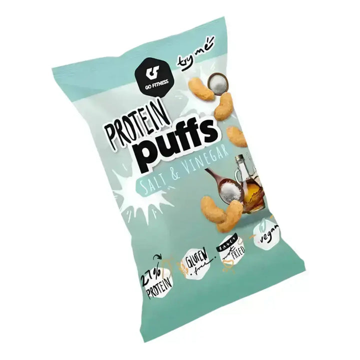 Bag of gofitness protein puffs on the box showcasing delicious protein puffs snack