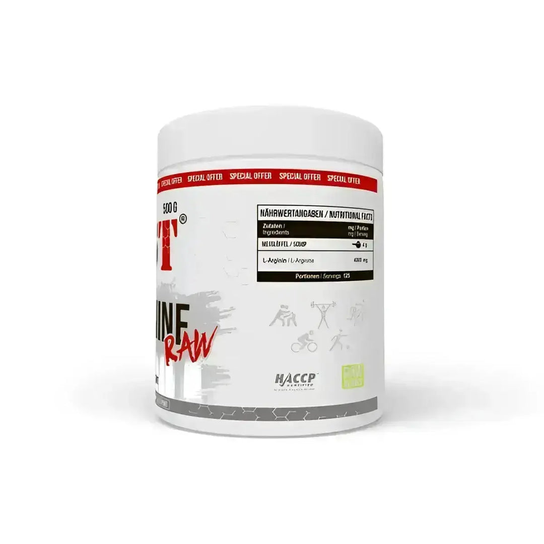 Weiße Tub mit MST Arginine RAW 500g, reines L-Arginin, perfekt für dein Training