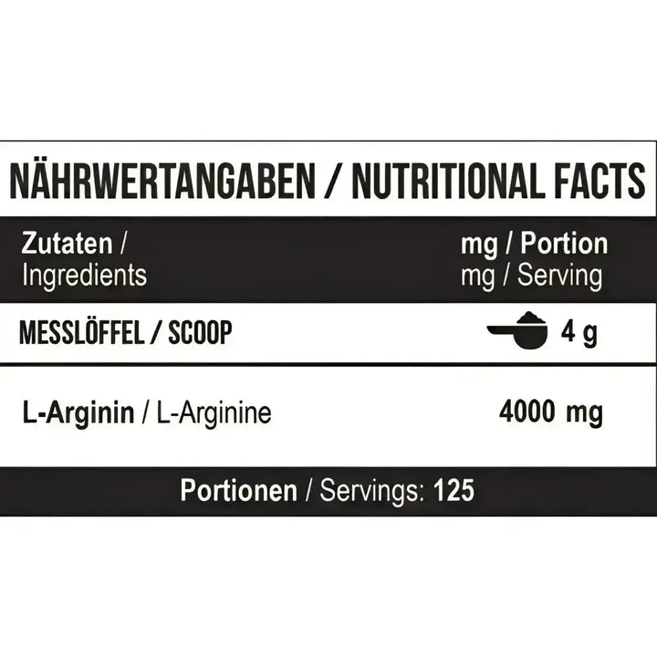 Nährwertangaben auf MST Arginine RAW 500g Verpackung, reine L-Arginin Raw
