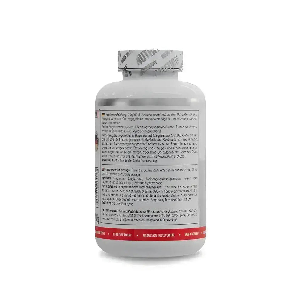 Weißer Supplementflasche mit Nährwertangaben für MST Magnesium Bisglycinat Kapseln