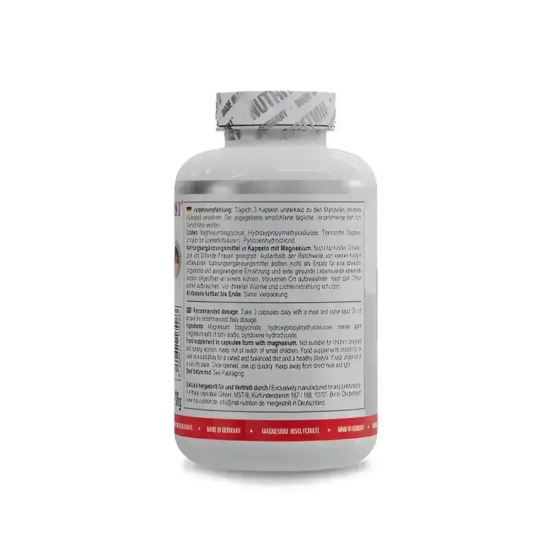 Weißer Supplementflasche mit Nährwertangaben für MST Magnesium Bisglycinat Kapseln