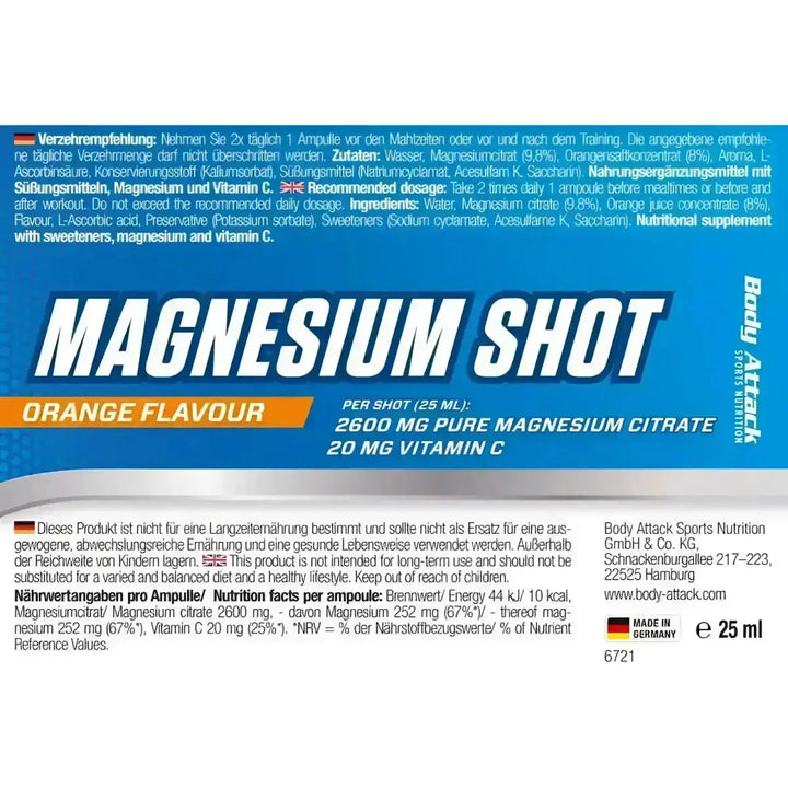 Body Attack Magnesium Shots 20x25ml - Orange