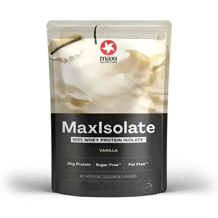 Vanille Whey Protein Isolate Pulver in einer versiegelten MaxiNutrition MaxIsolate Tüte
