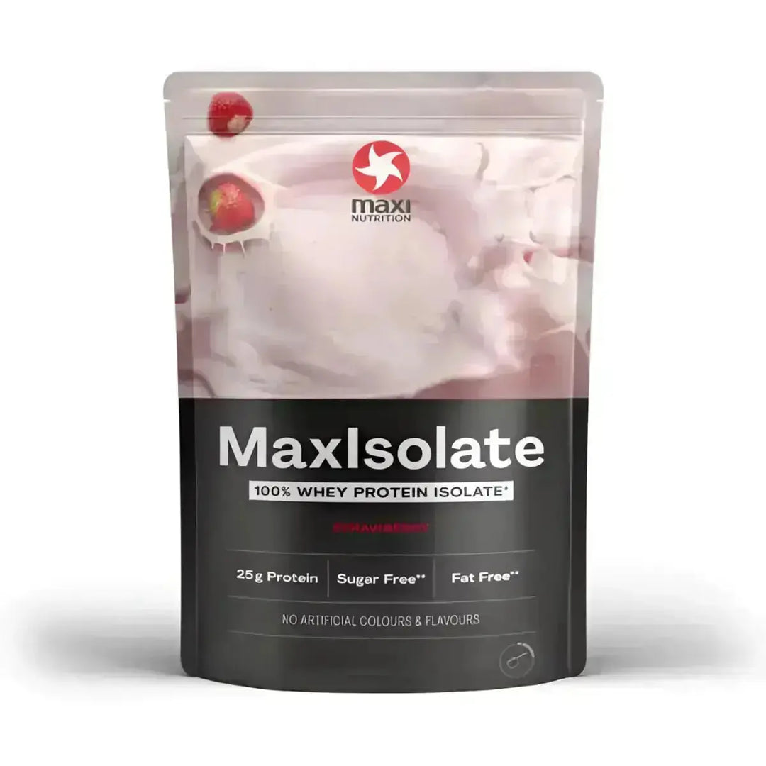 Strawberry Whey Protein Isolate Pulver von MaxiNutrition MaxIsolate 1000g im Fokus