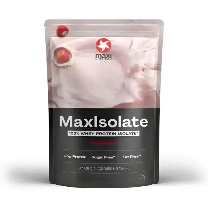 Strawberry Whey Protein Isolate Pulver von MaxiNutrition MaxIsolate 1000g im Fokus
